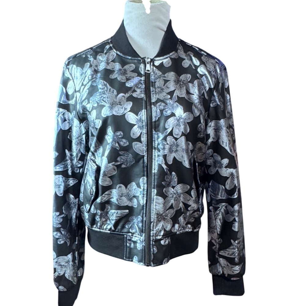 Kate & Mallory Bomber Jacket Women L‎ Floral Faux Leather Black Silver Artsy Y2K